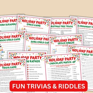 May include: A collection of printable holiday party games, including trivia, emoji games, and word scrambles. The games feature festive designs with Christmas lights and the text "FUN TRIVIAS & RIDDLES" in a red banner.