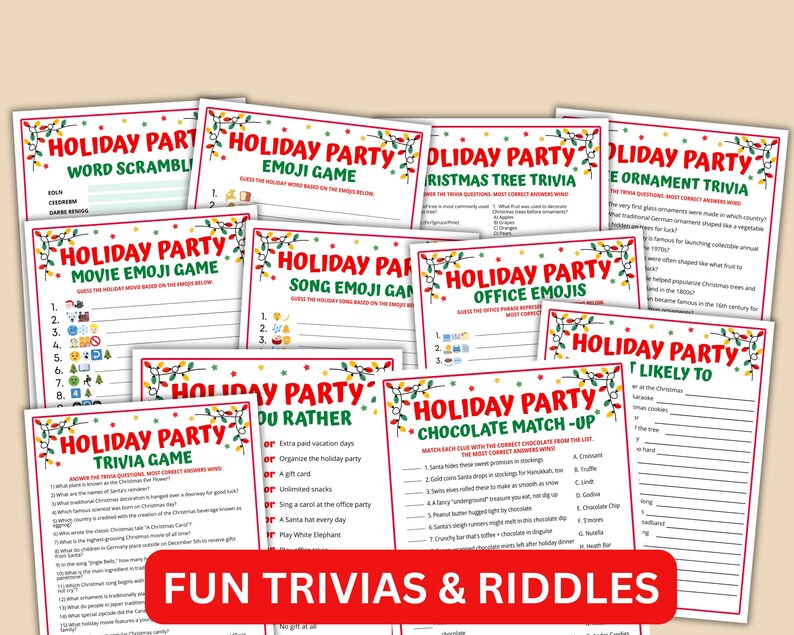 May include: A collection of printable holiday party games, including trivia, emoji games, and word scrambles. The games feature festive designs with Christmas lights and the text "FUN TRIVIAS & RIDDLES" in a red banner.