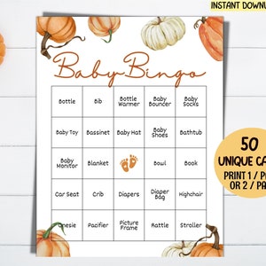 50 tarjetas de bingo para baby shower de otoño para imprimir, juegos de baby shower de otoño, baby shower de calabaza precargado, bingo para bebés de género neutro