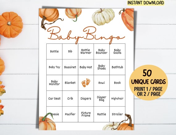 50 Fall Baby Shower Bingo Cards Printable, Autumn Fall Baby Shower Games, Little Pumpkin Baby Shower Prefilled, Gender Neutral Baby Bingo