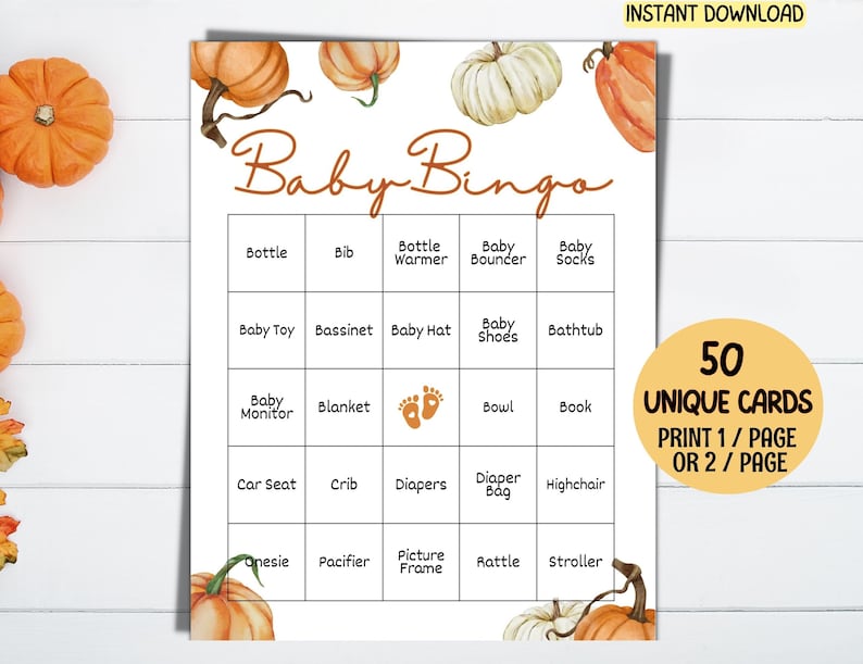 Fall Pumpkin Baby Shower Bingo Cards Printable