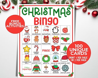 May include: A printable Christmas Bingo card with 100 unique cards. The card features a 5x5 grid with images of Christmas-themed items, such as Santa, reindeer, snowman, penguin, ornament, hot chocolate, gingerbread, pinecone, gift, mistletoe, star, candy cane, bow, Christmas tree, Christmas bell, winter hat, wreath, snow globe, Santa hat, Merry Christmas, sweater, North Pole, sleigh, and snowflake. The card also includes the text "FREE BONUS ACTIVITIES" and "100 UNIQUE CARDS PRINT 1 PER PAGE OR 2 PER PAGE".