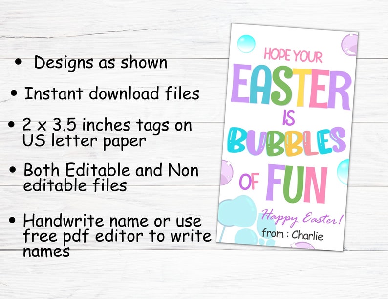 Easter bubbles tag, Printable Easter gift tags, Bubbles of fun kids Easter Class gift tag, School Easter party favors, Classroom favors image 2