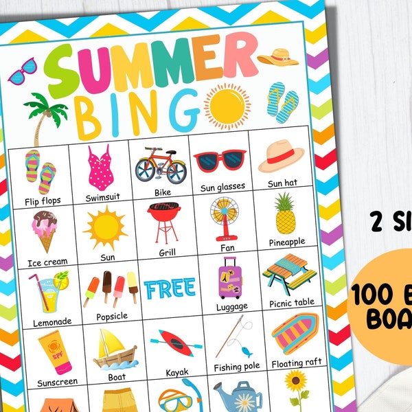 Printable Summer Bingo Cards 100, Summer Party Games, Fun Summer Activities, Kids Summer School Camp Birthday Family Bingo
