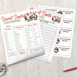 May include: Secret Santa questionnaire and gift exchange sheets. The sheets include sections for favorites, preferences, and a "This or That" section. A cup of coffee with a heart design and a red pen are also in the image.