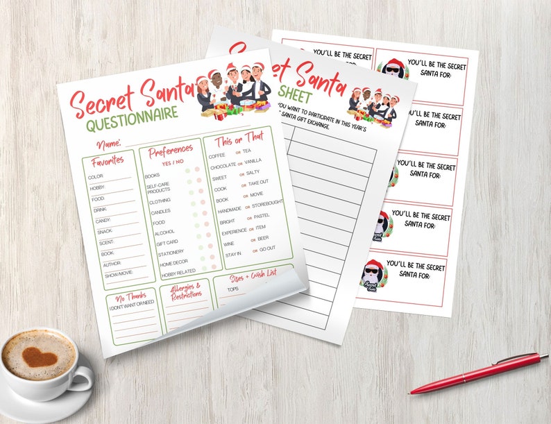 May include: Secret Santa questionnaire and gift exchange sheets. The sheets include sections for favorites, preferences, and a "This or That" section. A cup of coffee with a heart design and a red pen are also in the image.