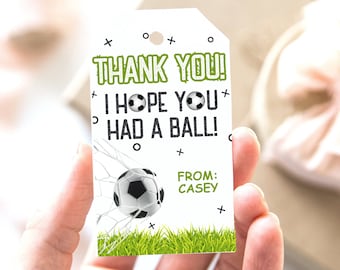 Etiquetas de favor de cumpleaños de fútbol, etiqueta de agradecimiento de fiesta de fútbol, etiqueta de regalo deportivo, etiqueta de fiesta para niños niña imprimible editable