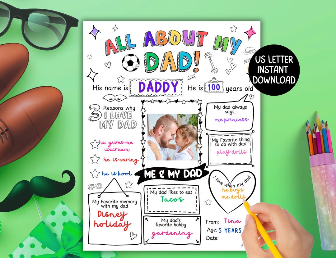 All About My Dad Printable Fathers Day Gift From Kids, Kids Coloring ...