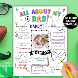 All About My Dad Printable Fathers Day Gift from Kids, Kids Coloring Page, DIY Gift For Dads, Preschool Activity / Craft, Worksheet