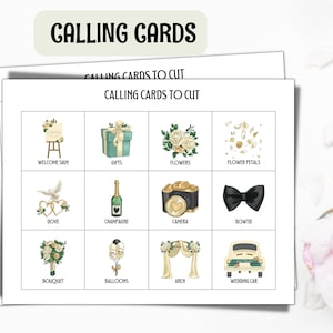 K&ouml;nnte beinhalten: Ein druckbarer Satz von Spielkarten mit Illustrationen von Hochzeitsgegenst&auml;nden. Die Karten sind mit folgenden W&ouml;rtern beschriftet: Willkommensschild, Geschenke, Blumen, Bl&uuml;tenbl&auml;tter, Taube, Champagner, Kamera, Fliege, Strau&szlig;, Ballons, Bogen, Hochzeitsauto.