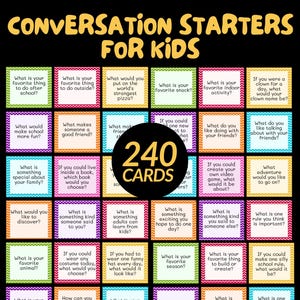 May include: A set of 240 conversation starter cards for kids, featuring a black background with the title in yellow text. The cards are arranged in a grid, each with a colorful chevron border and a unique question printed in black text.