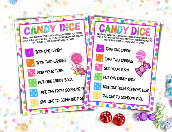 Candy Dice Game Printable Party Games For Graduation, Kids Birthday, Girls Sleepover Slumber Party, Family Reunion, All Holidays, Road Trip
