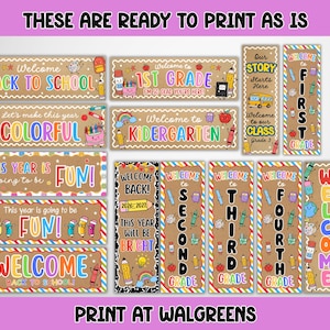 Pu&ograve; includere: Una collezione di cartelli e striscioni rettangolari per aule su sfondo marrone chiaro con illustrazioni scolastiche colorate e testo che include Welcome Back to School, 1st Grade, Kindergarten, Second, Third, Fourth Grade e Our Story Starts Here.