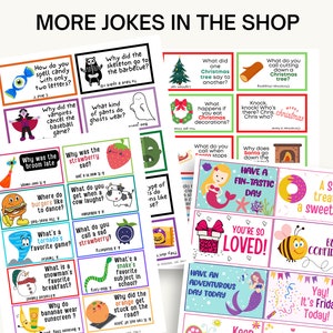 May include: A collection of colorful joke cards with various illustrations and text. The cards feature jokes about candy, vampires, ghosts, and Christmas. The phrase "MORE JOKES IN THE SHOP" is at the top.