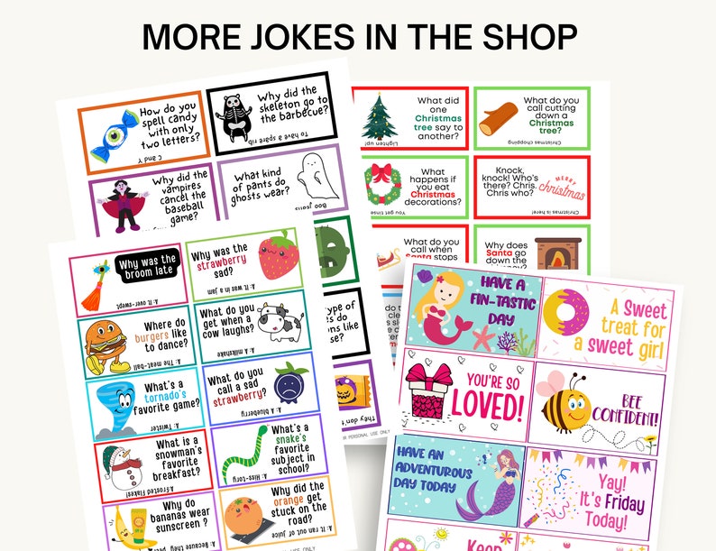May include: A collection of colorful joke cards with various illustrations and text. The cards feature jokes about candy, vampires, ghosts, and Christmas. The phrase "MORE JOKES IN THE SHOP" is at the top.