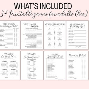 May include: A collection of printable party games for adults, including games like "Who Knows the Birthday Girl Best?" and "Would She Rather?" The games are designed with a simple, black and white aesthetic, perfect for a fun gathering.