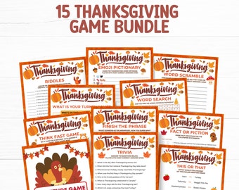 May include: A set of 15 Thanksgiving game cards, featuring titles such as "Riddles," "Emoji Pictionary," and "Trivia." The cards are decorated with pumpkins and autumn leaves, in shades of brown and orange. Ideal for holiday gatherings and family fun.