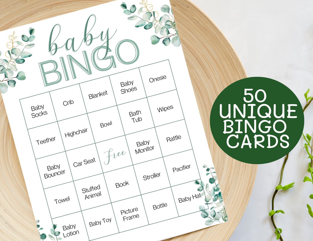 Baby Bingo, 50 Prefilled Baby Shower Bingo Cards, Printable Baby Bingo Greenery Eucalyptus