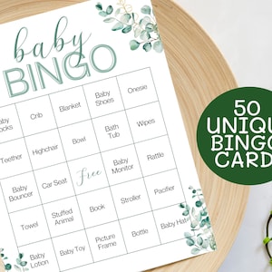 Bingo pour bébé, 50 cartes de bingo préremplies pour baby shower, imprimable Bingo pour bébé avec verdure d'eucalyptus, jeu de bingo-cadeau pour baby shower neutre entre les sexes