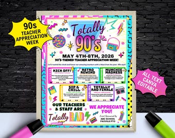 Modello di volantino per la Settimana di apprezzamento degli insegnanti a tema anni '90, modificabile su Canva, programma della Settimana degli insegnanti anni '90, poster scolastico per il personale PTO.