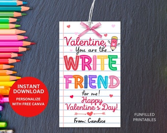 Pencil Valentines Class Gift Tag, Write Valentines For Kids, NonCandy Classroom Valentines Pencil Tag, School Kids Classmate Valentines Gift