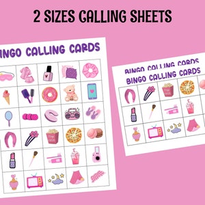 May include: Two printable bingo calling cards with a pink and white color scheme. The cards feature a variety of images related to a sleepover theme, such as a headband, a teddy bear, a donut, a sleep mask, a hairbrush, a television, a popcorn bucket, a pizza, and a drink.