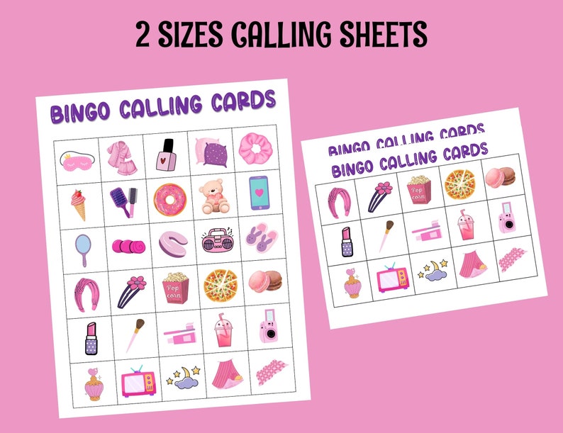 May include: Two printable bingo calling cards with a pink and white color scheme. The cards feature a variety of images related to a sleepover theme, such as a headband, a teddy bear, a donut, a sleep mask, a hairbrush, a television, a popcorn bucket, a pizza, and a drink.