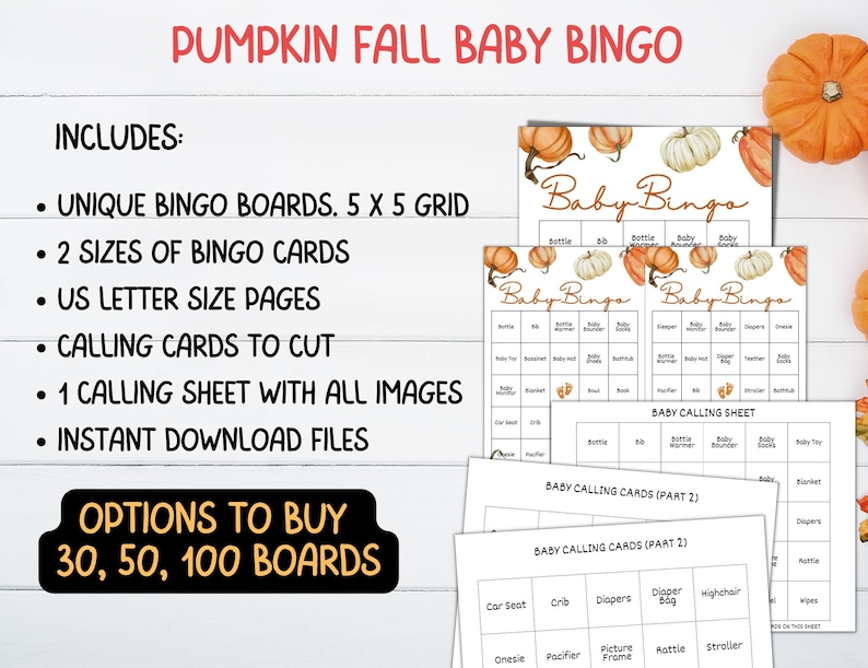 Fall Pumpkin Baby Shower Bingo Cards Printable