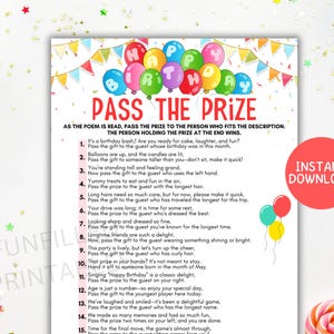 Birthday Pass the Prize Game, Pass the Gift Game, Fun Easy Birthday Game, Pass the Present Rhyming Poem, Teens Kids Birthday Party Games