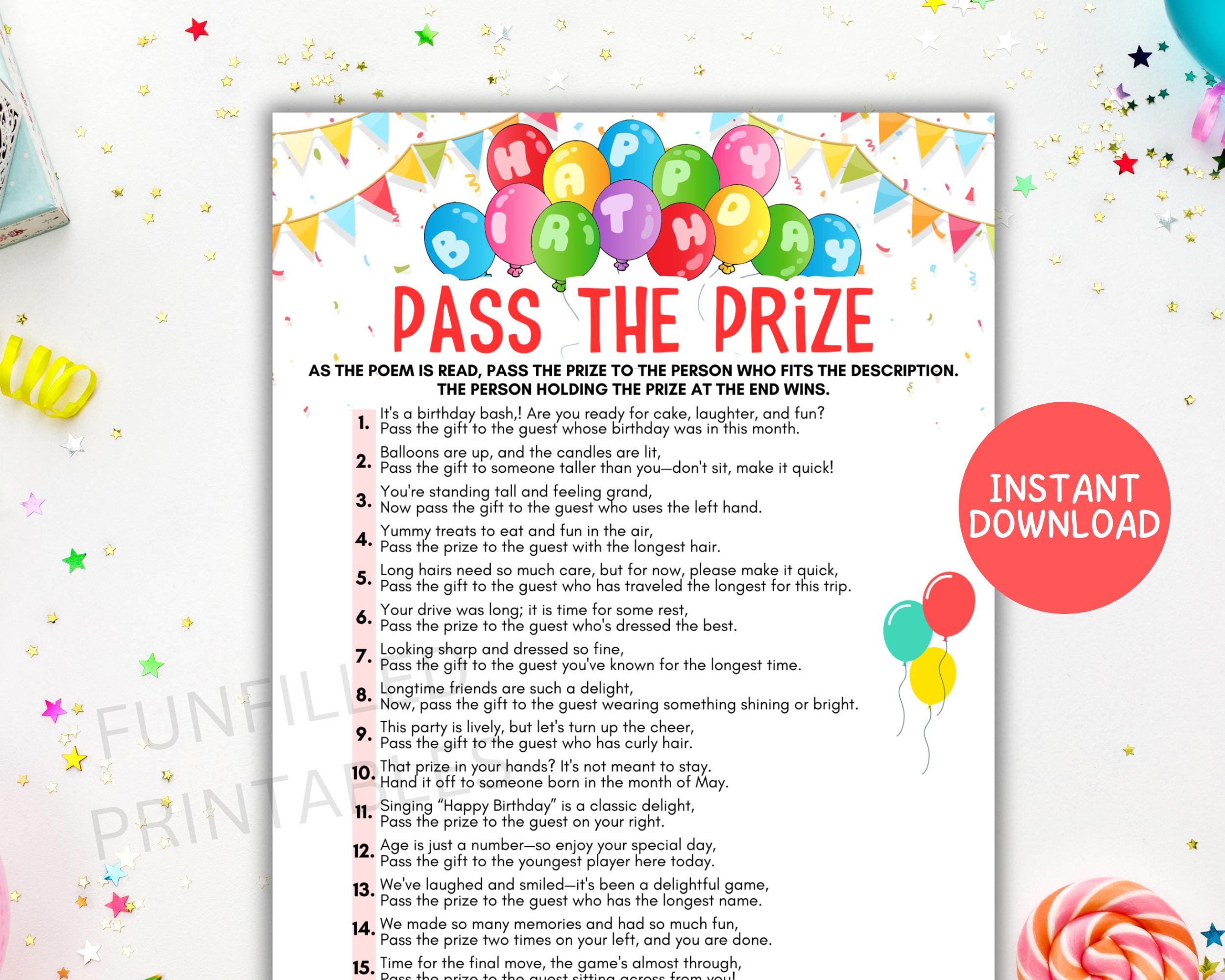 Birthday Pass the Prize Game, Pass the Gift Game, Fun Easy Birthday Game, Pass the Present Rhyming Poem, Teens Kids Birthday Party Games