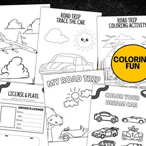 Puede incluir: Una colecci&oacute;n de p&aacute;ginas de actividades de viaje por carretera en blanco y negro. Las p&aacute;ginas incluyen actividades para colorear, trazar y crear matr&iacute;culas. El texto incluye "Road Trip", "Trace the Car", "Coloring Fun" y "Color Your Dream Car".