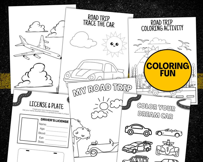 Puede incluir: Una colecci&oacute;n de p&aacute;ginas de actividades de viaje por carretera en blanco y negro. Las p&aacute;ginas incluyen actividades para colorear, trazar y crear matr&iacute;culas. El texto incluye "Road Trip", "Trace the Car", "Coloring Fun" y "Color Your Dream Car".