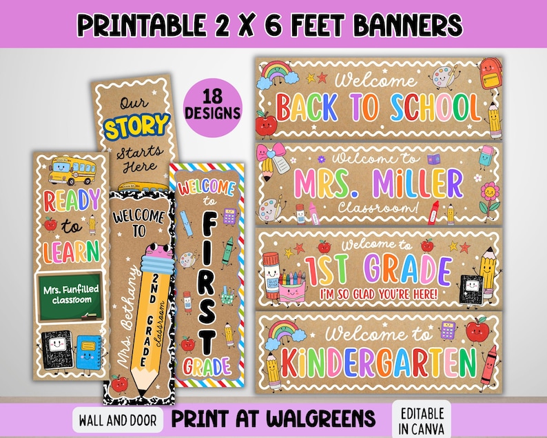 Back to School Classroom Decor Printable Banners Template, Welcome Back Door Banner, First Day Teacher Door Sign, Canva Editable 2x6 Banner immagine 11