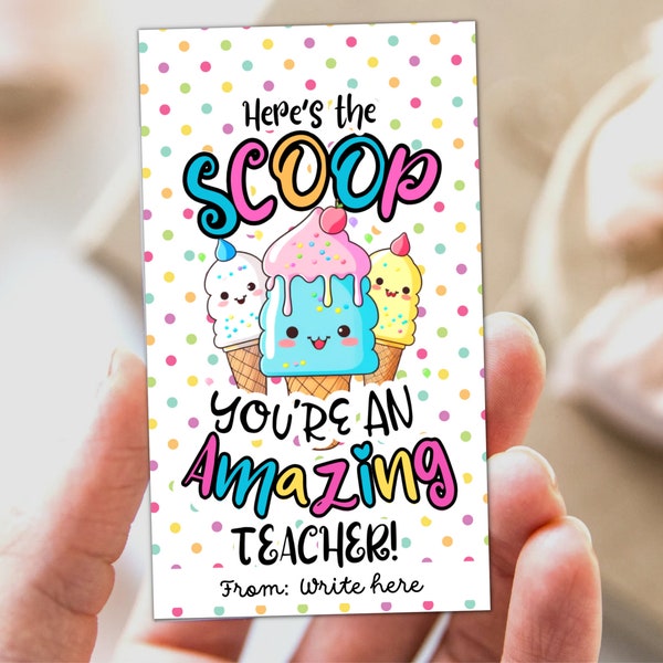 Teacher Ice Cream Gift Tag, Heres The Scoop Teacher Appreciation Tag, Printable Ice Cream Thank You Tag, Teacher Appreciation Week Favor Tag