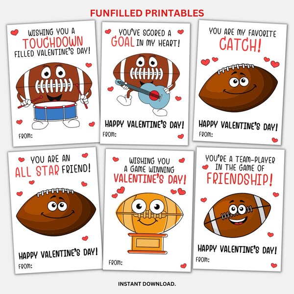 Football Valentines Cards For Kids Printable, Sports Valentine Class Gift, Boy Valentines Cards, Classmate Valentines Exchange Football Card