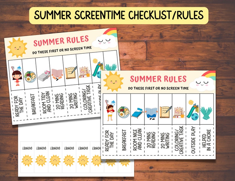 Pu&ograve; includere: Un elenco di controllo stampabile per i bambini da completare prima del tempo dello schermo. L'elenco di controllo include attivit&agrave; come prepararsi per la giornata, fare colazione, riordinare la propria stanza, leggere per 20 minuti, scrivere per 20 minuti, colorare o svolgere un'attivit&agrave; creativa, giocare all'aperto e aiutare con un'attivit&agrave;. L'elenco di controllo &egrave; decorato con un sole, una nuvola e un arcobaleno.