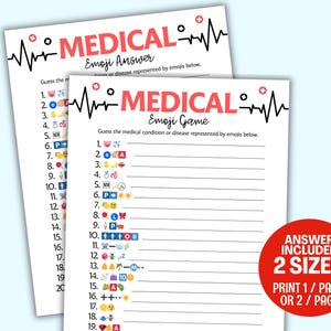 May include: Two white sheets of paper with the words "MEDICAL Emoji Game" in red and black. The game includes a list of emojis to guess the medical condition or disease. A red circle with white text says "ANSWER INCLUDED 2 SIZES PRINT 1/PAGE OR 2/PAGE."