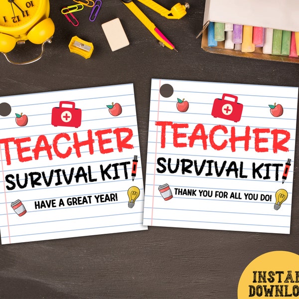 Teacher survival kit printable tag, Back to school teacher gifts, Teacher thank you Appreciation, New teacher, End of year, Christmas gifts