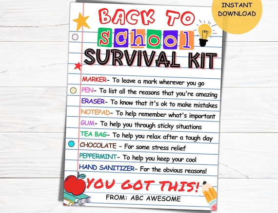 Back to school teacher survival kit gift tag, First day of school tag, Welcome Back Gift for teachers coworkers staff, New teacher gift idea