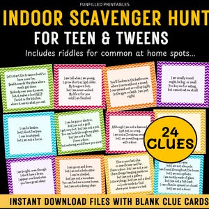 Indoor Teen Scavenger Hunt, Scavenger Hunt for Older Kids, Tween Teenager Scavenger Hunt Riddles, Tricky Treasure Hunt Clues, Birthday Hunt
