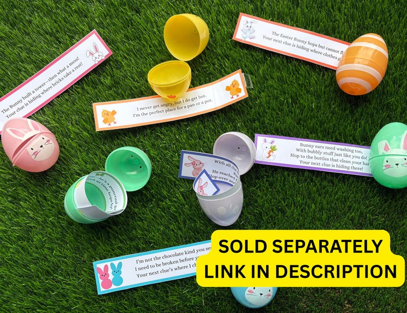 May include: A set of plastic Easter eggs with bunny faces and colorful stripes. Each egg contains a small card with a riddle or clue for an Easter egg hunt. The cards have text such as "The bunny built a tower - then what a mess! Your clue is hiding where bricks take a rest!" and "Bunny ears need washing too, with bubbly stuff just like you do! Hop to the bottles that clean your hair. Your next clue is hiding there!"