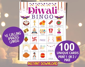 Può includere: Scheda del gioco del bingo Diwali con illustrazioni colorate di simboli tradizionali del Diwali. La scheda presenta il testo "Diwali Bingo" in un carattere decorativo, insieme al testo "45 Calling Images Cards" e "100 Unique Cards Print 1 or 2 / Page".