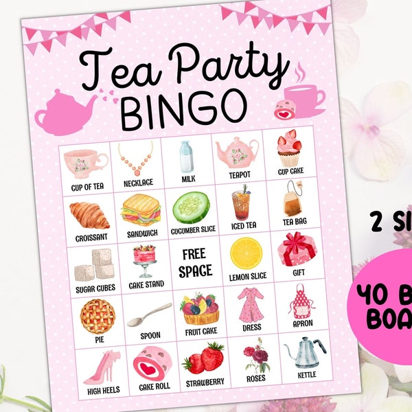 40 Tea Party Bingo Cards, Tea Party Games, Tea Birthday Party, Afternoon Tea Bingo Game, Par tea games, Birthday, Pink Baby Bridal Shower