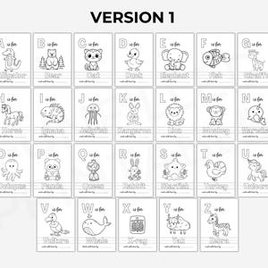 May include: Black and white alphabet flash cards featuring illustrations of animals. Each card has a letter of the alphabet, the word for the animal, and the phrase "is for".