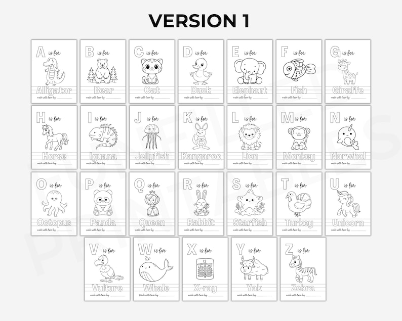 May include: Black and white alphabet flash cards featuring illustrations of animals. Each card has a letter of the alphabet, the word for the animal, and the phrase "is for".