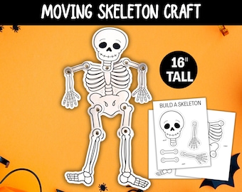 May include: A white paper skeleton craft with black outlines and metal fasteners at the joints, measuring 16 inches tall. The skeleton is shown assembled, alongside two printed sheets labeled BUILD A SKELETON with individual body parts.
