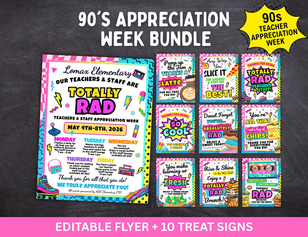 90s Teacher Appreciation Week Theme Bundle- Canva Flyer Template ...