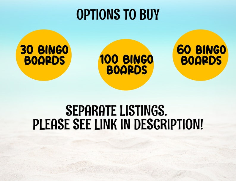 May include: A graphic with three yellow circles on a blue and white background. The circles contain the text "30 Bingo Boards", "100 Bingo Boards", and "60 Bingo Boards". The text below the circles reads "Separate Listings. Please see link in description!"