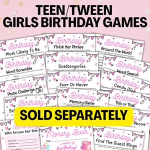 May include: A collection of pink and white birthday party games for teens and tweens. Games include "Most Likely To Be", "Word Scramble", "Photo Challenge", and more. The words "SOLD SEPARATELY" are in a yellow banner.