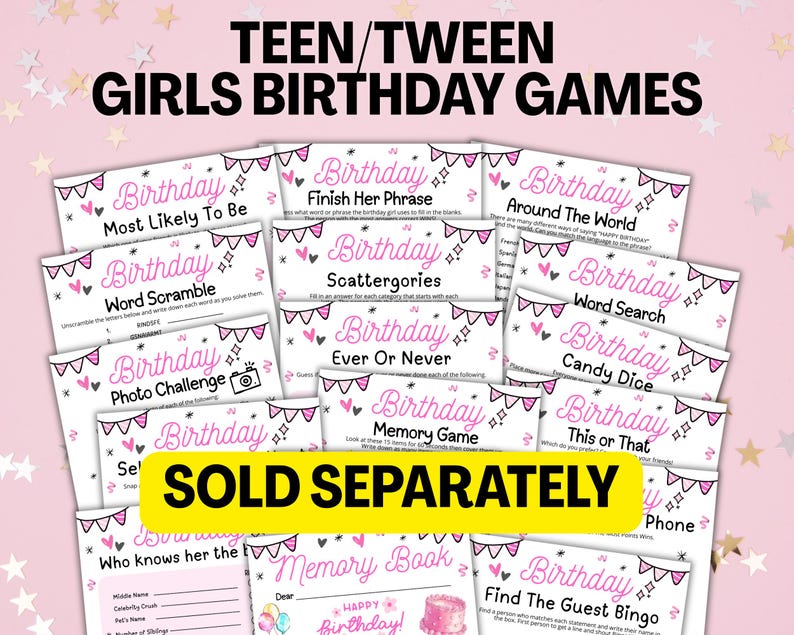 May include: A collection of pink and white birthday party games for teens and tweens. Games include "Most Likely To Be", "Word Scramble", "Photo Challenge", and more. The words "SOLD SEPARATELY" are in a yellow banner.